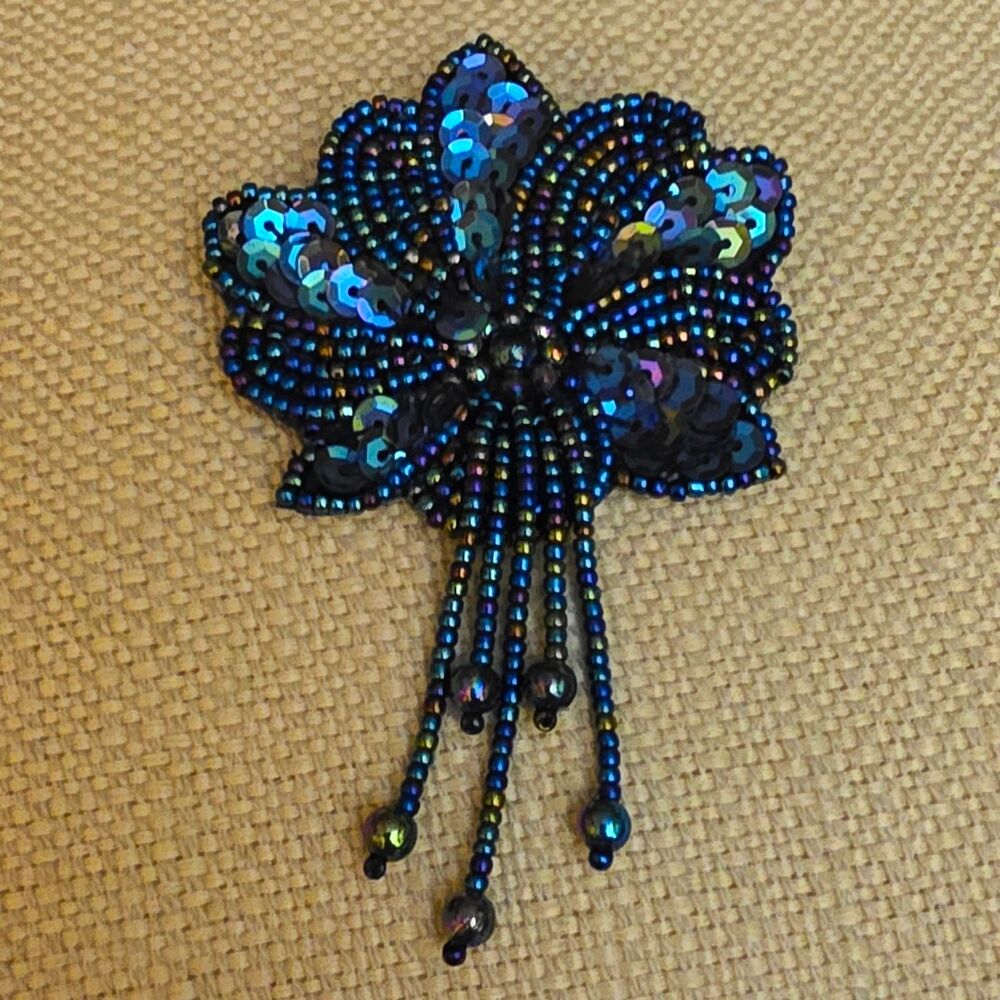 Blue Iridescent Beaded & Sequin Flower Brooch Pin No Stone Floral